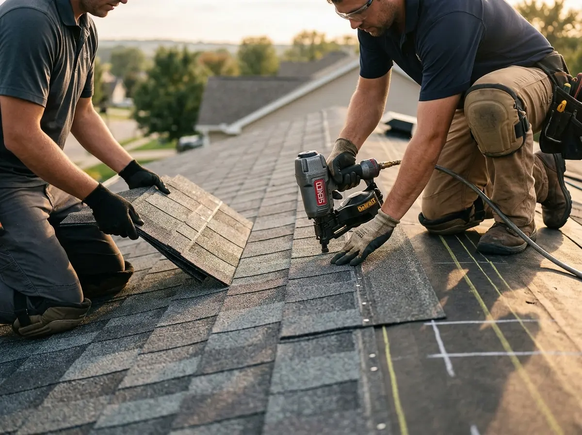 Professional roofer working on a residential roof in Port Chester